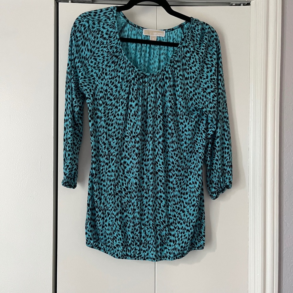 Michael Kors Blouse‎ Top Teal Animal Print 3/4 Sleeve XS